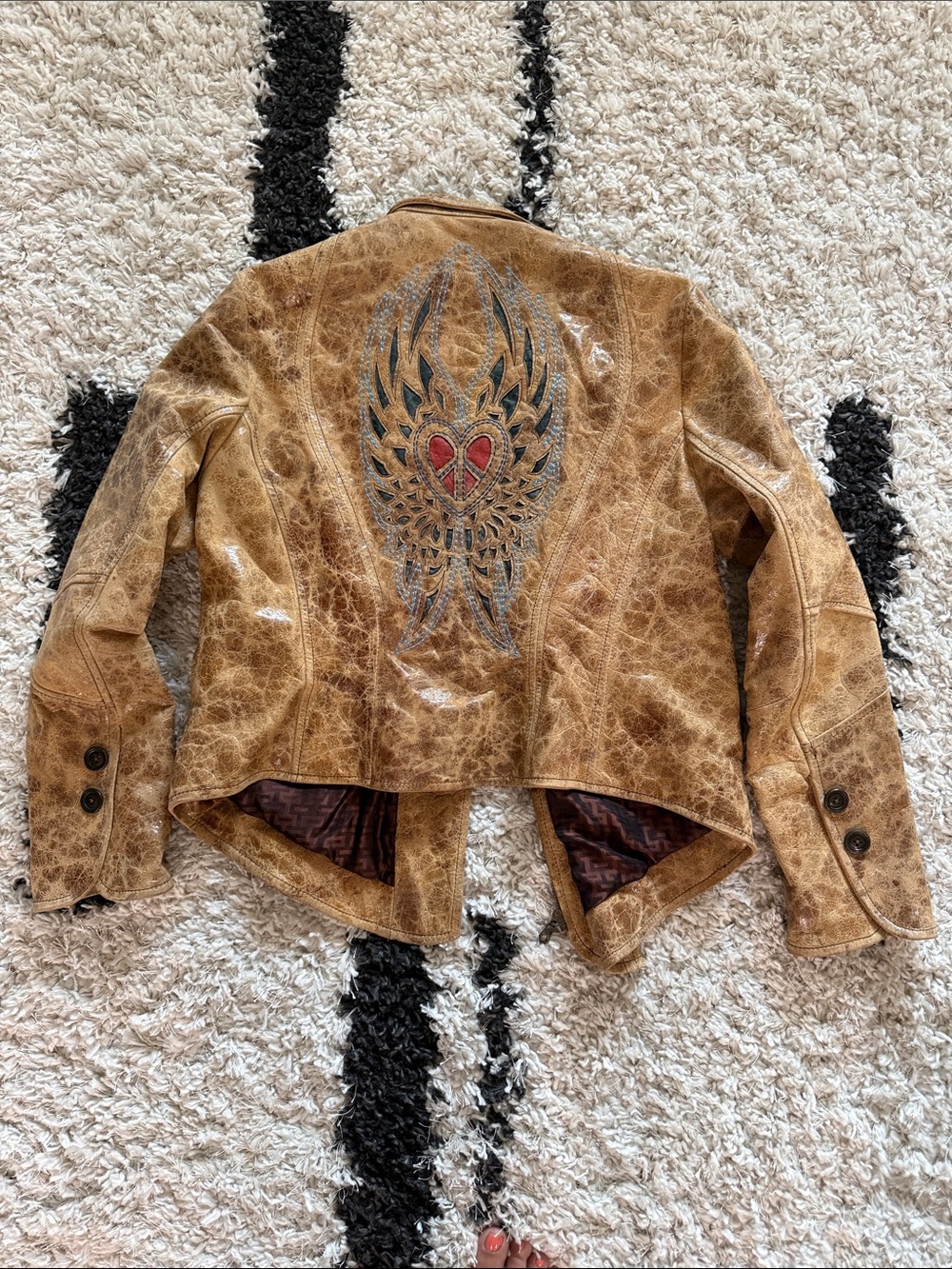 Distressed Tan Leather Jacket with Embroidered Wing & Heart Back